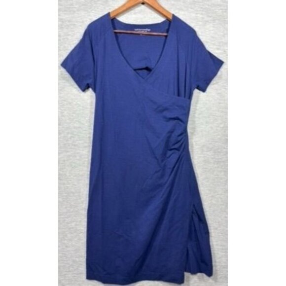 Soft Surroundings Womens Dress L Blue Short-Sleeve V-Neck Ruched Side Slit - Picture 1 of 8